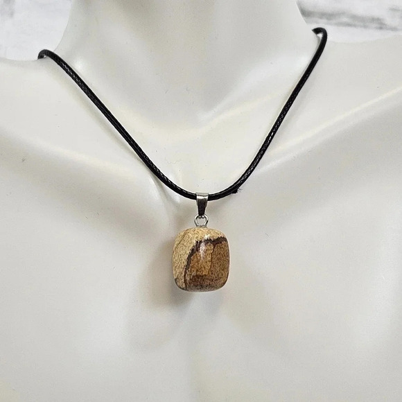 Picture Stone Natural Stone Cube Necklace with 18in Black Chain SN14 - Picture 4 of 4